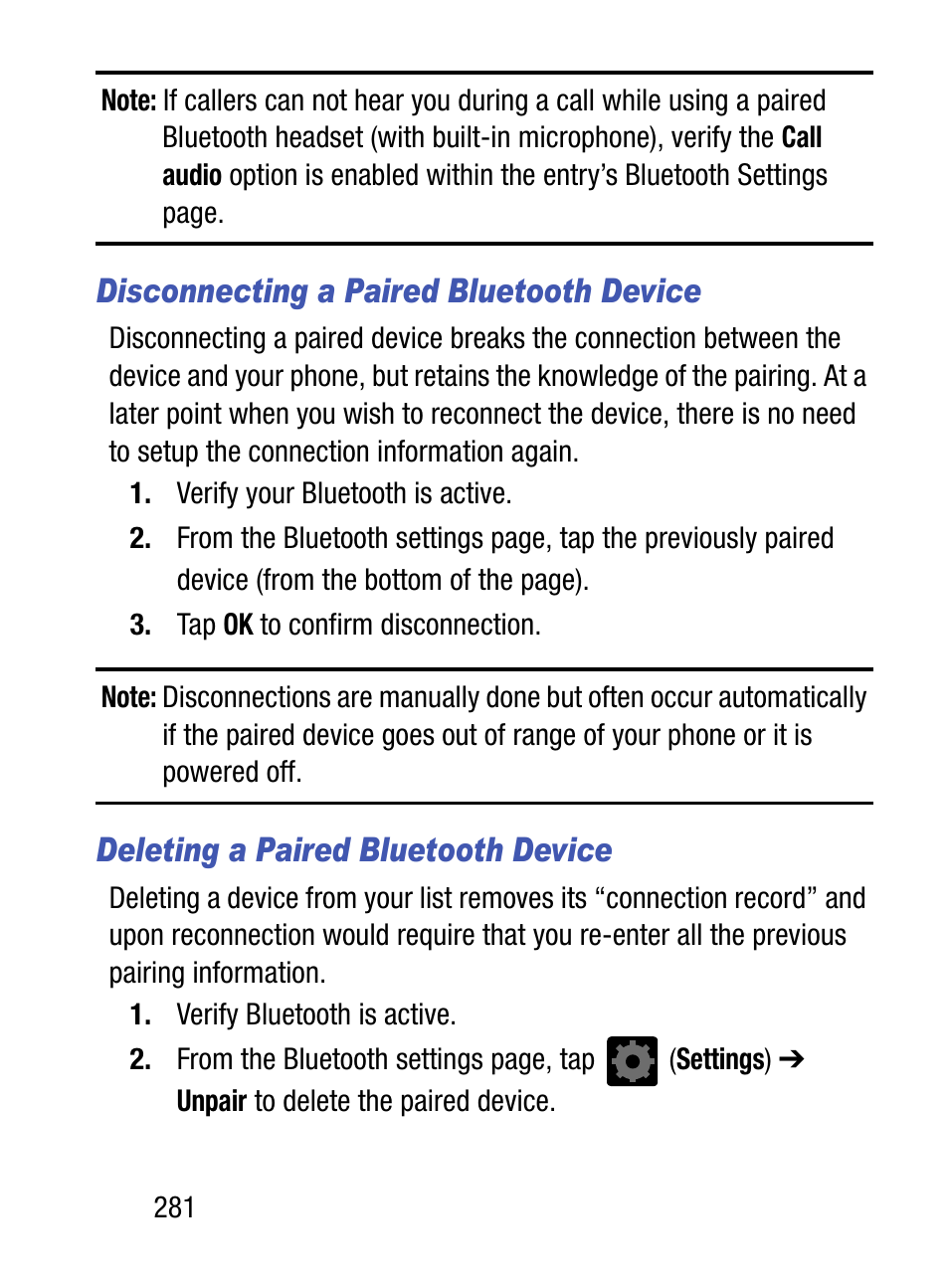 Disconnecting a paired bluetooth device, Deleting a paired bluetooth device | Samsung SM-S890LZKATFN User Manual | Page 288 / 459