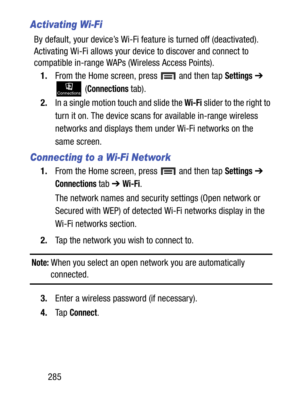 Activating wi-fi, Connecting to a wi-fi network | Samsung SM-S890LZKATFN User Manual | Page 292 / 459