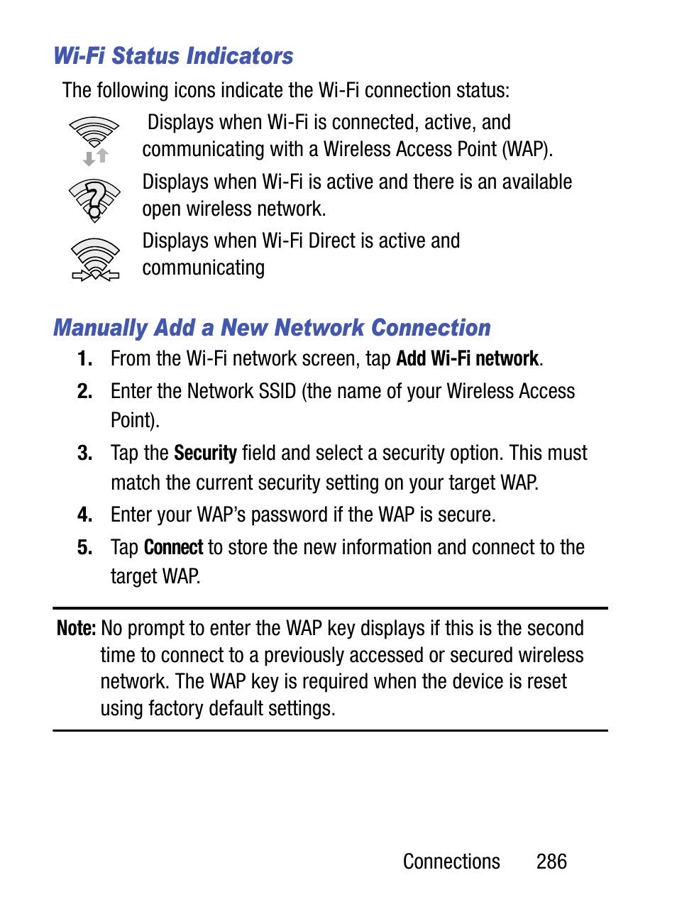 Wi-fi status indicators, Manually add a new network connection | Samsung SM-S890LZKATFN User Manual | Page 293 / 459