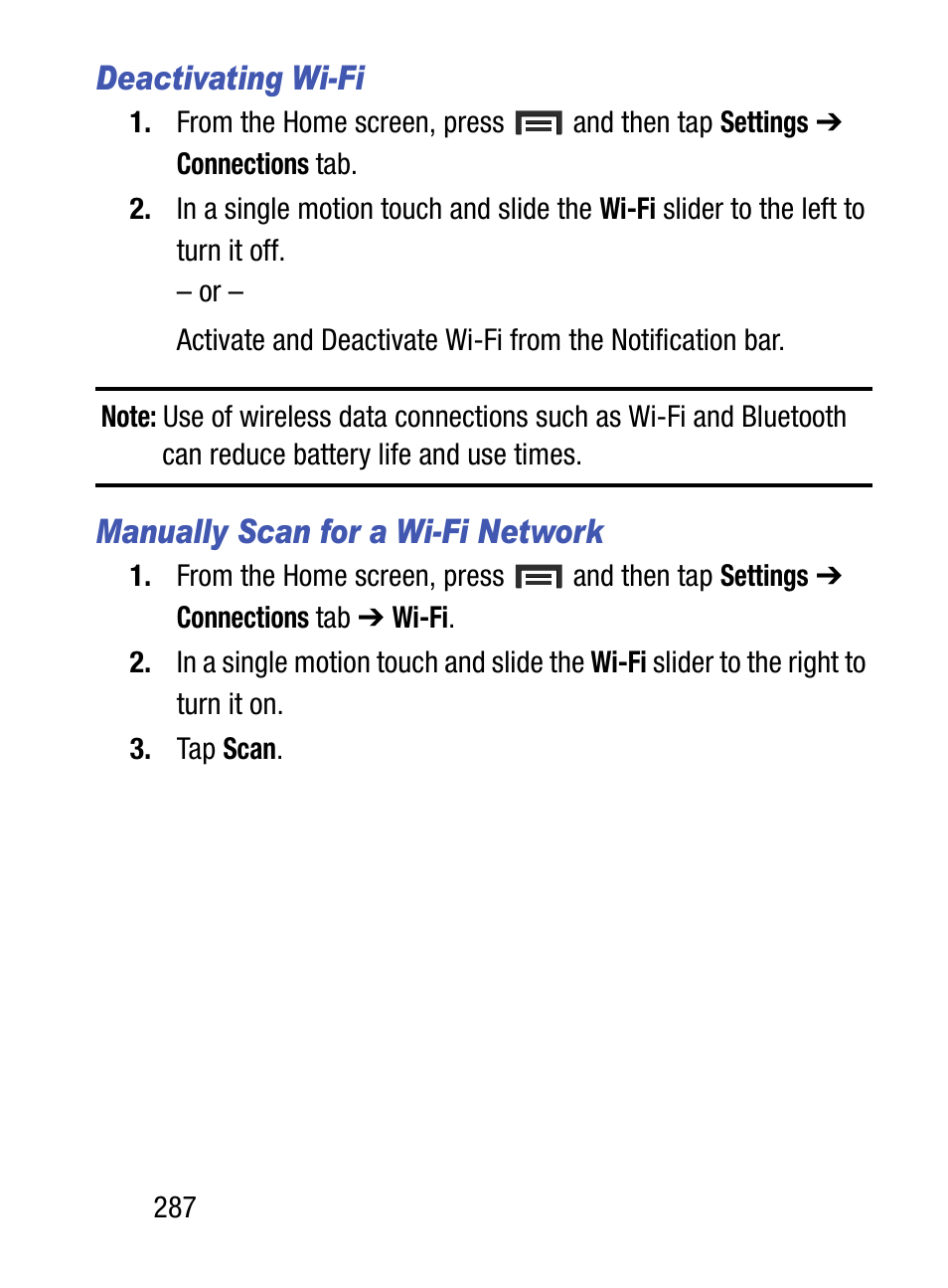Deactivating wi-fi, Manually scan for a wi-fi network | Samsung SM-S890LZKATFN User Manual | Page 294 / 459