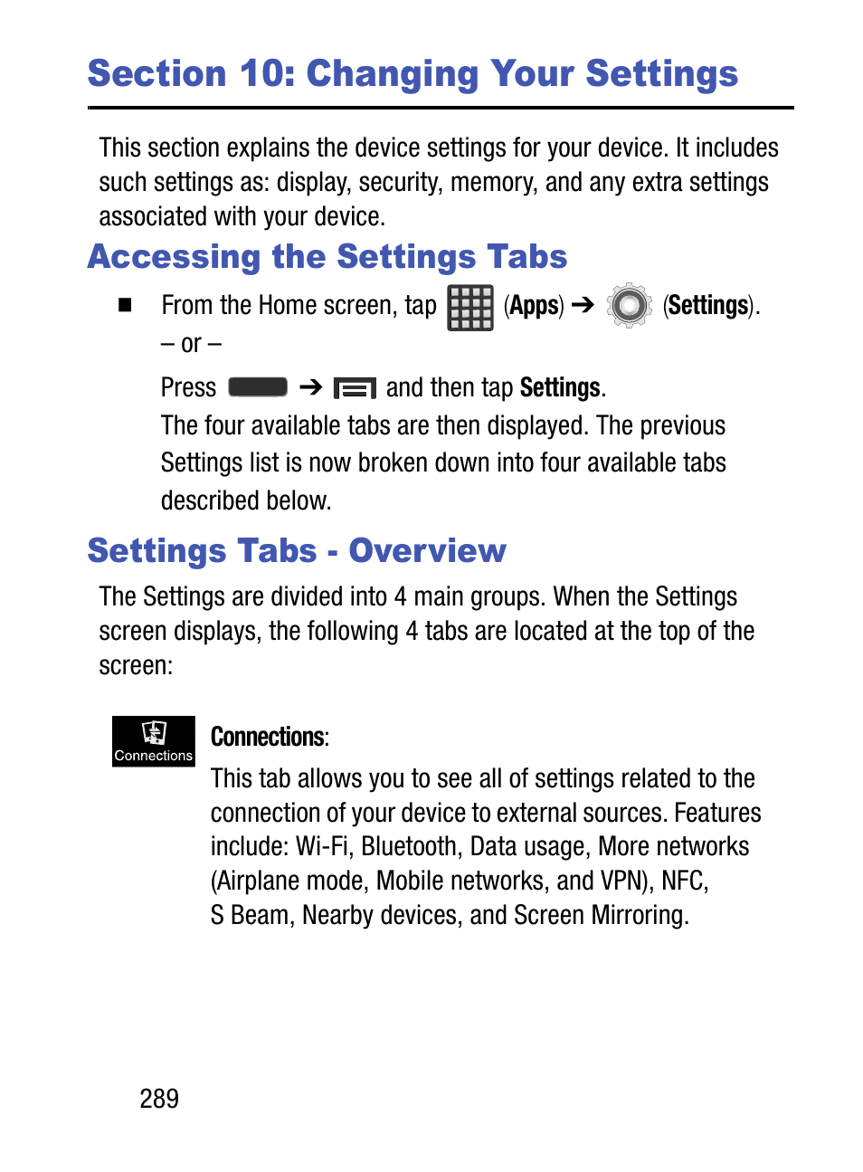 Section 10: changing your settings, Accessing the settings tabs, Settings tabs - overview | Samsung SM-S890LZKATFN User Manual | Page 296 / 459