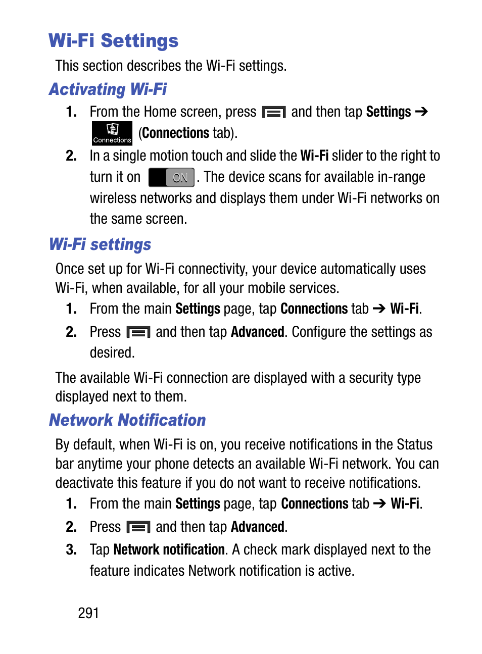 Wi-fi settings, Activating wi-fi, Network notification | Samsung SM-S890LZKATFN User Manual | Page 298 / 459