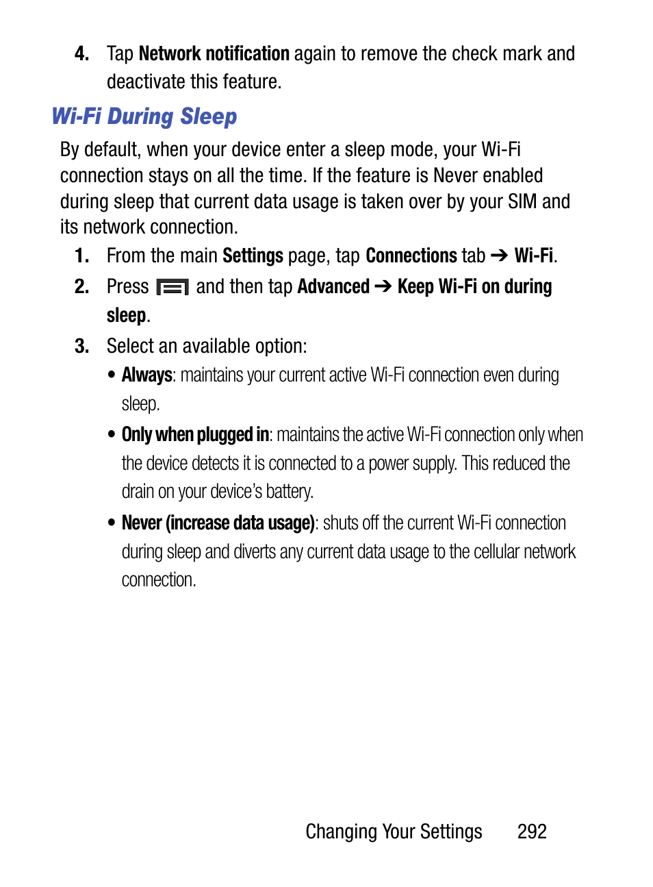 Wi-fi during sleep | Samsung SM-S890LZKATFN User Manual | Page 299 / 459