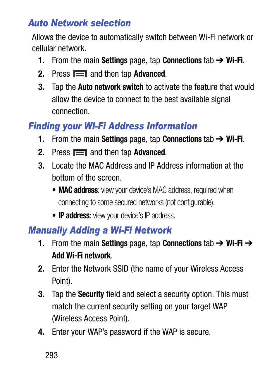 Auto network selection, Finding your wi-fi address information, Manually adding a wi-fi network | Samsung SM-S890LZKATFN User Manual | Page 300 / 459