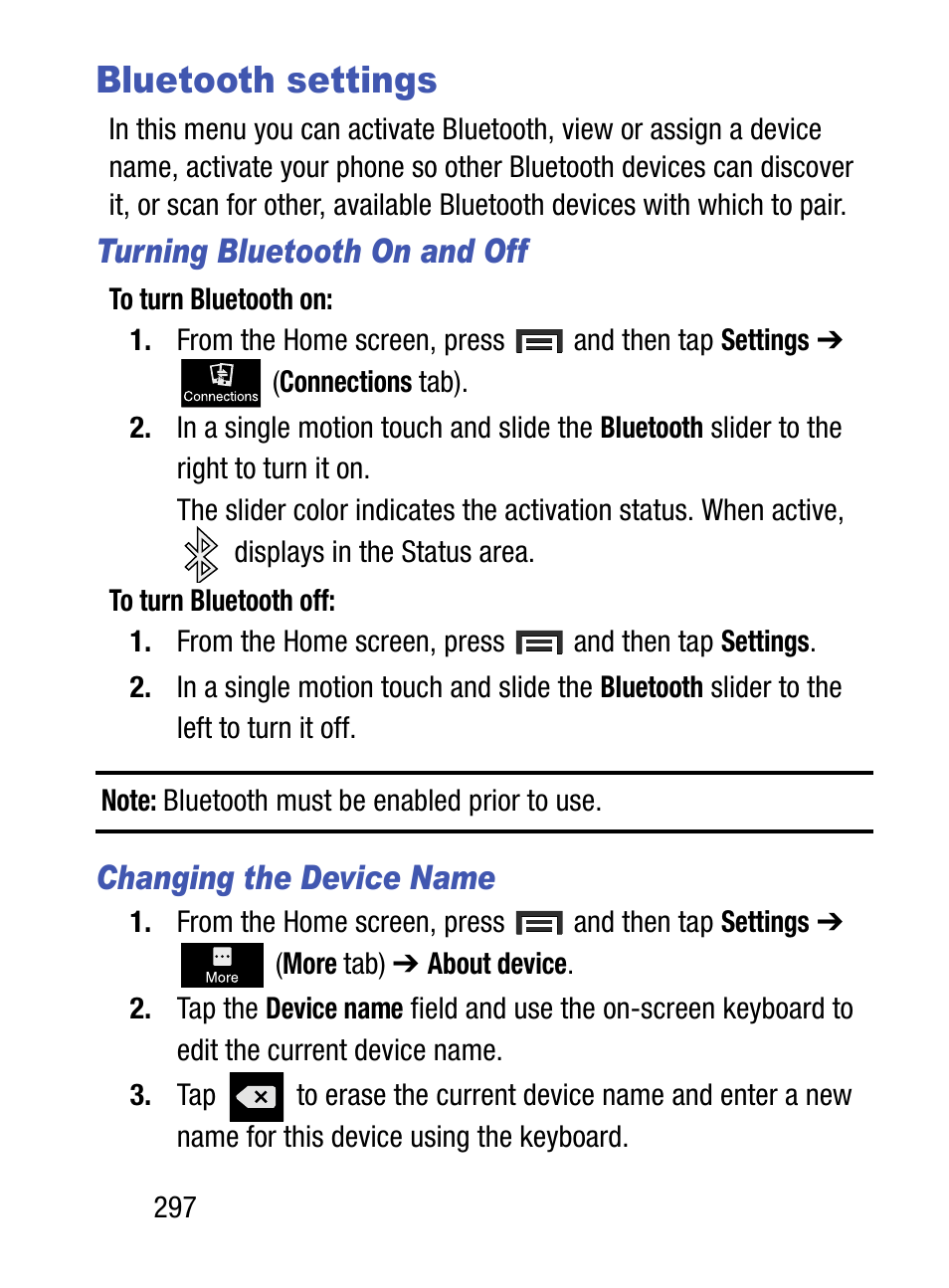 Bluetooth settings, Turning bluetooth on and off, Changing the device name | Samsung SM-S890LZKATFN User Manual | Page 304 / 459