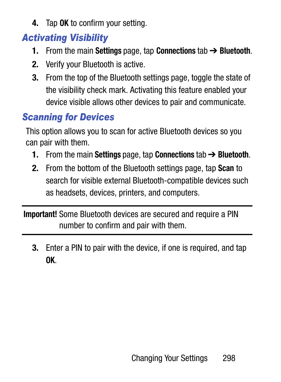 Activating visibility, Scanning for devices | Samsung SM-S890LZKATFN User Manual | Page 305 / 459