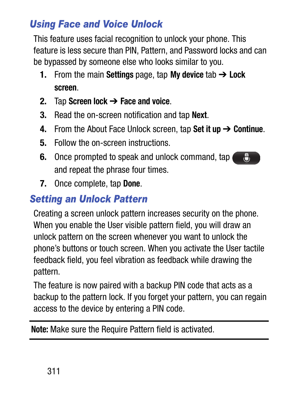 Using face and voice unlock, Setting an unlock pattern | Samsung SM-S890LZKATFN User Manual | Page 318 / 459