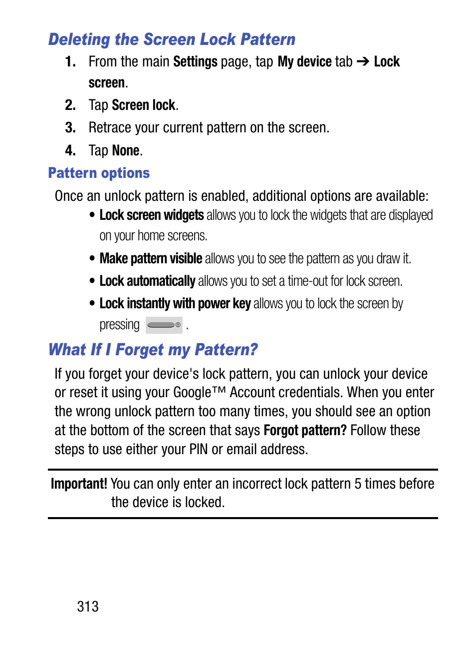 Deleting the screen lock pattern, What if i forget my pattern | Samsung SM-S890LZKATFN User Manual | Page 320 / 459