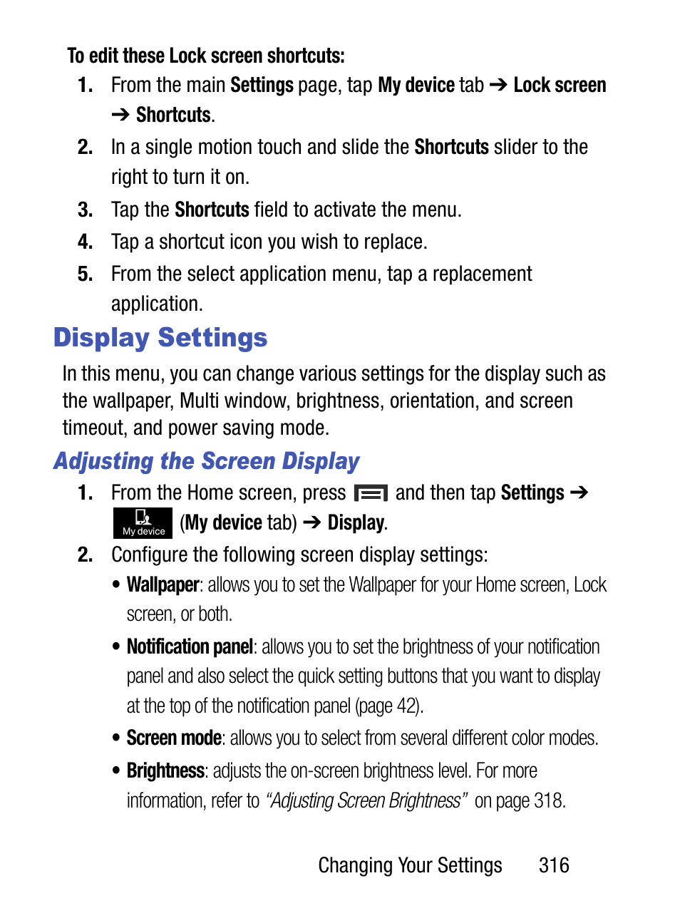 Display settings, Adjusting the screen display | Samsung SM-S890LZKATFN User Manual | Page 323 / 459