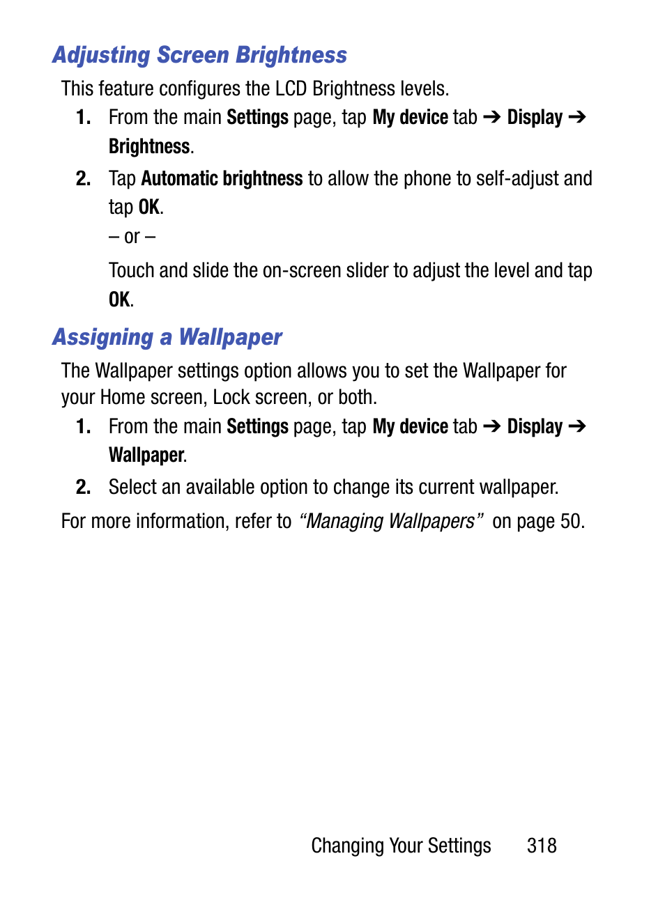 Adjusting screen brightness, Assigning a wallpaper | Samsung SM-S890LZKATFN User Manual | Page 325 / 459