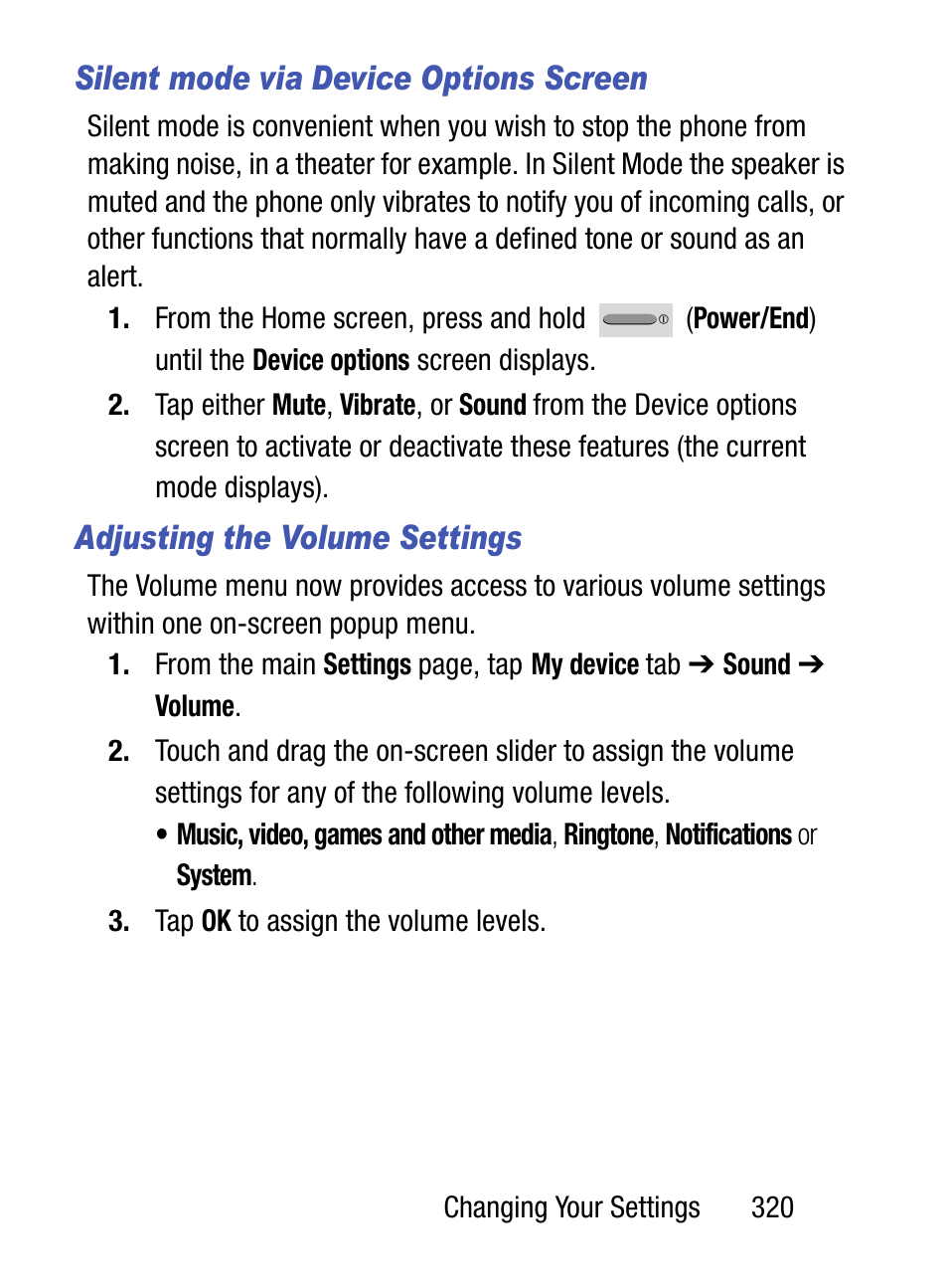 Silent mode via device options screen, Adjusting the volume settings | Samsung SM-S890LZKATFN User Manual | Page 327 / 459