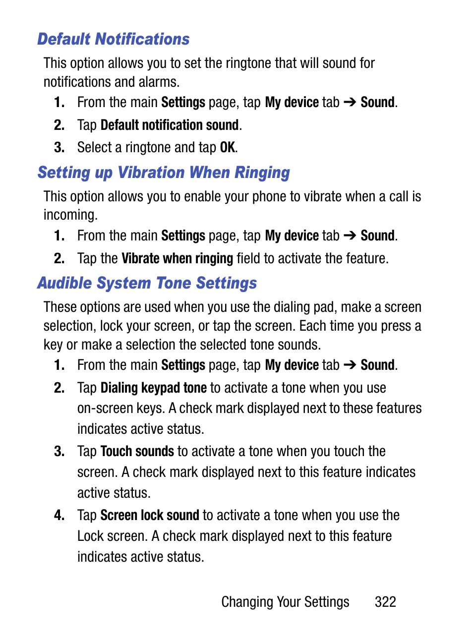 Default notifications, Setting up vibration when ringing, Audible system tone settings | Samsung SM-S890LZKATFN User Manual | Page 329 / 459