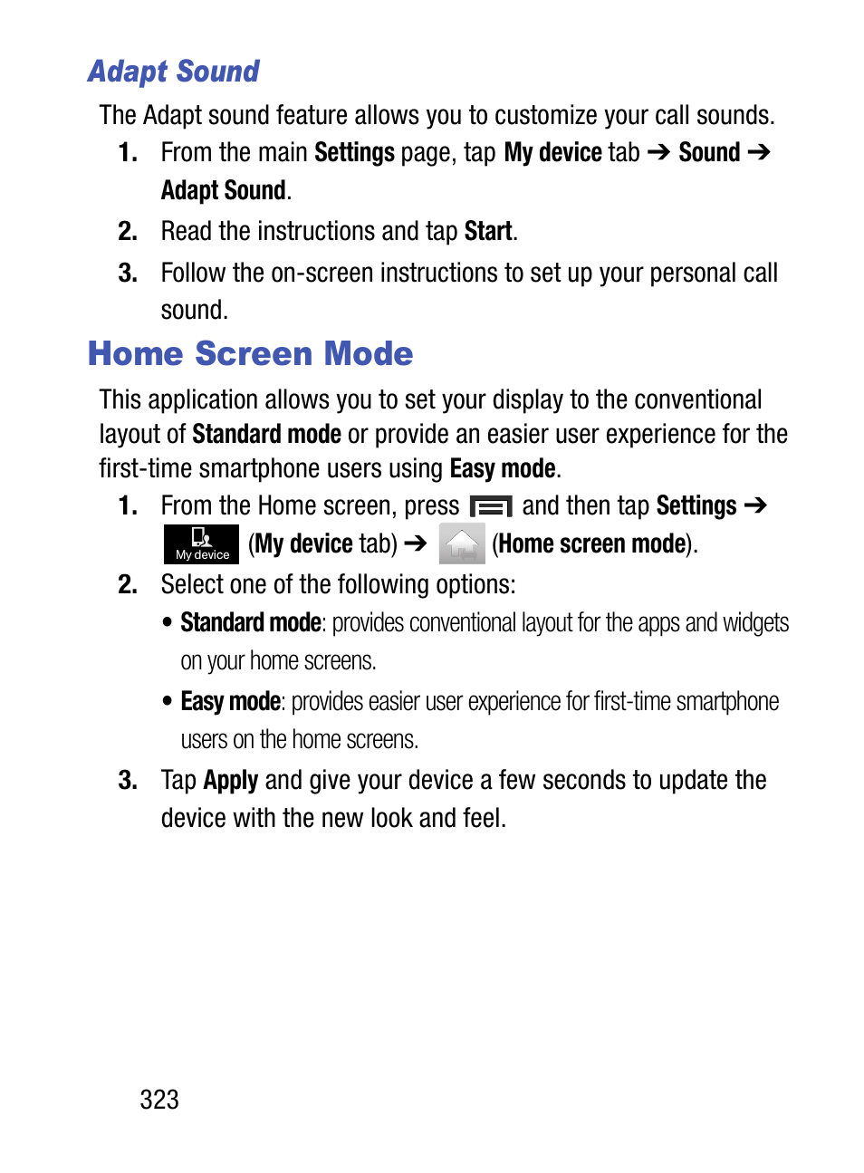 Home screen mode, Adapt sound | Samsung SM-S890LZKATFN User Manual | Page 330 / 459