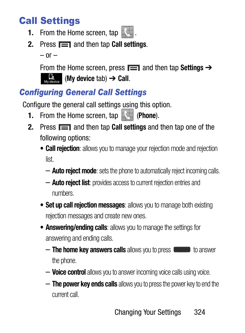 Call settings, Configuring general call settings | Samsung SM-S890LZKATFN User Manual | Page 331 / 459