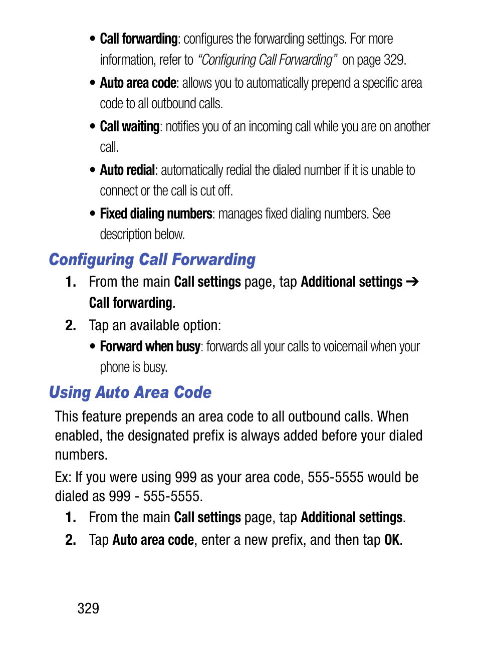 Configuring call forwarding, Using auto area code | Samsung SM-S890LZKATFN User Manual | Page 336 / 459