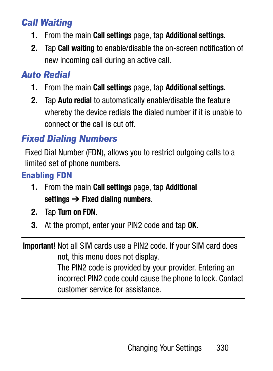 Call waiting, Auto redial, Fixed dialing numbers | Samsung SM-S890LZKATFN User Manual | Page 337 / 459