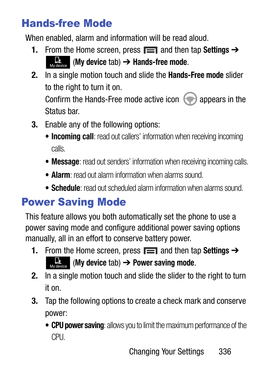 Hands-free mode, Power saving mode, Hands-free mode power saving mode | Samsung SM-S890LZKATFN User Manual | Page 343 / 459