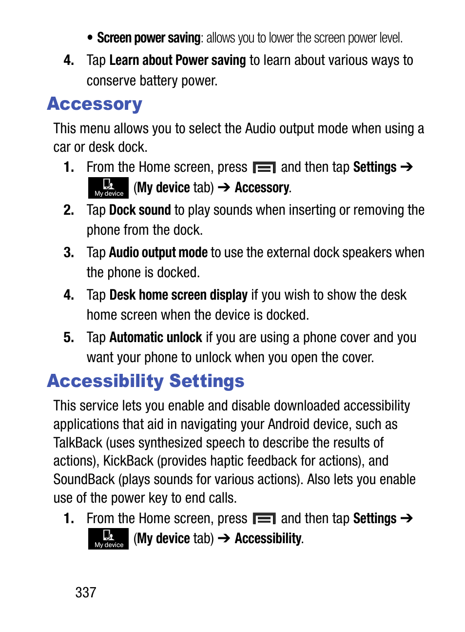 Accessory, Accessibility settings, Accessory accessibility settings | Samsung SM-S890LZKATFN User Manual | Page 344 / 459