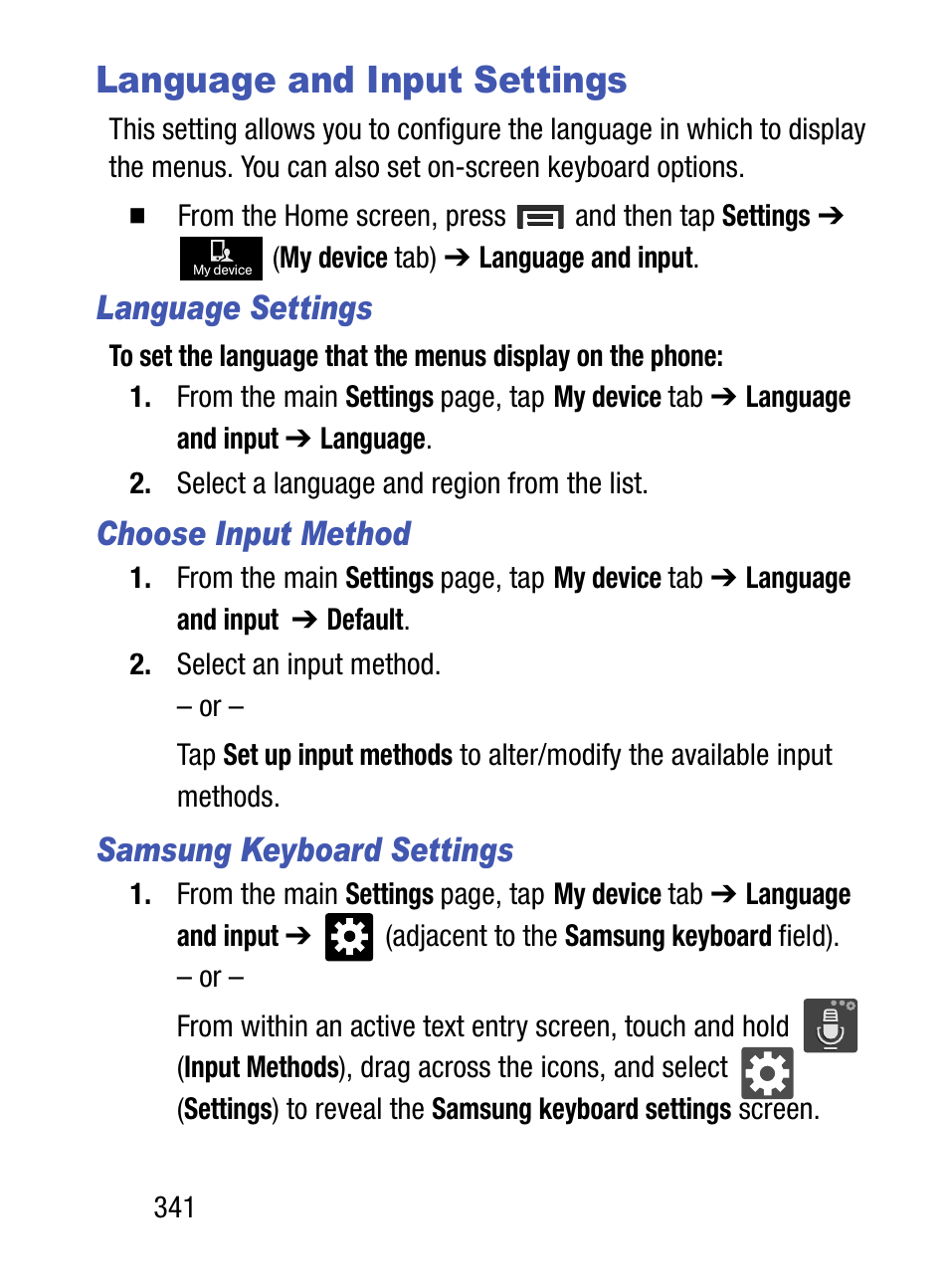 Language and input settings, Language settings, Choose input method | Samsung keyboard settings | Samsung SM-S890LZKATFN User Manual | Page 348 / 459