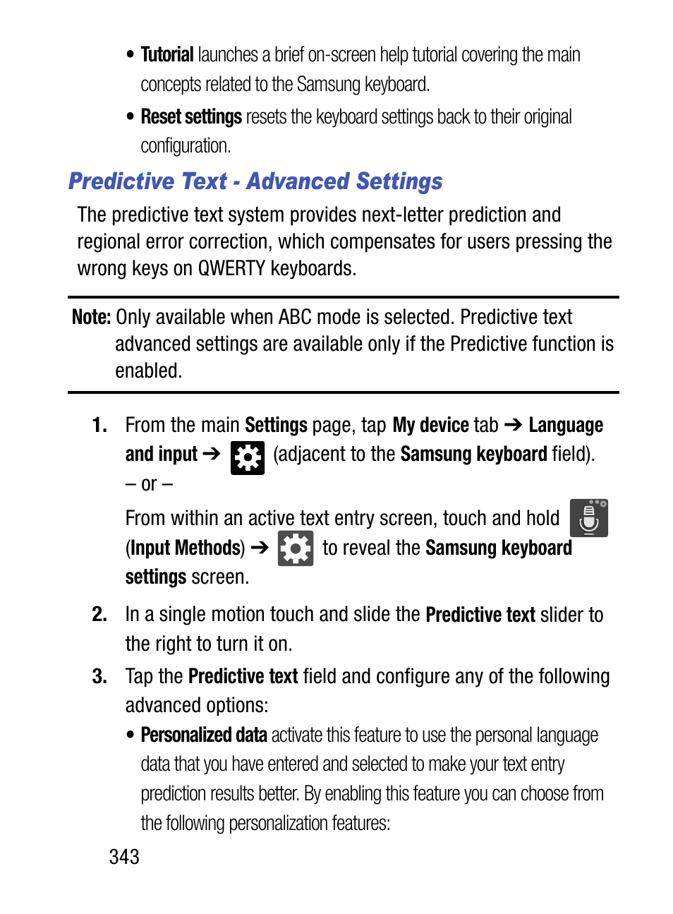 Predictive text - advanced settings | Samsung SM-S890LZKATFN User Manual | Page 350 / 459