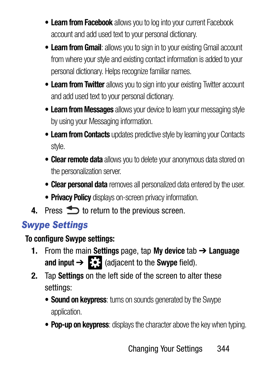 Swype settings | Samsung SM-S890LZKATFN User Manual | Page 351 / 459