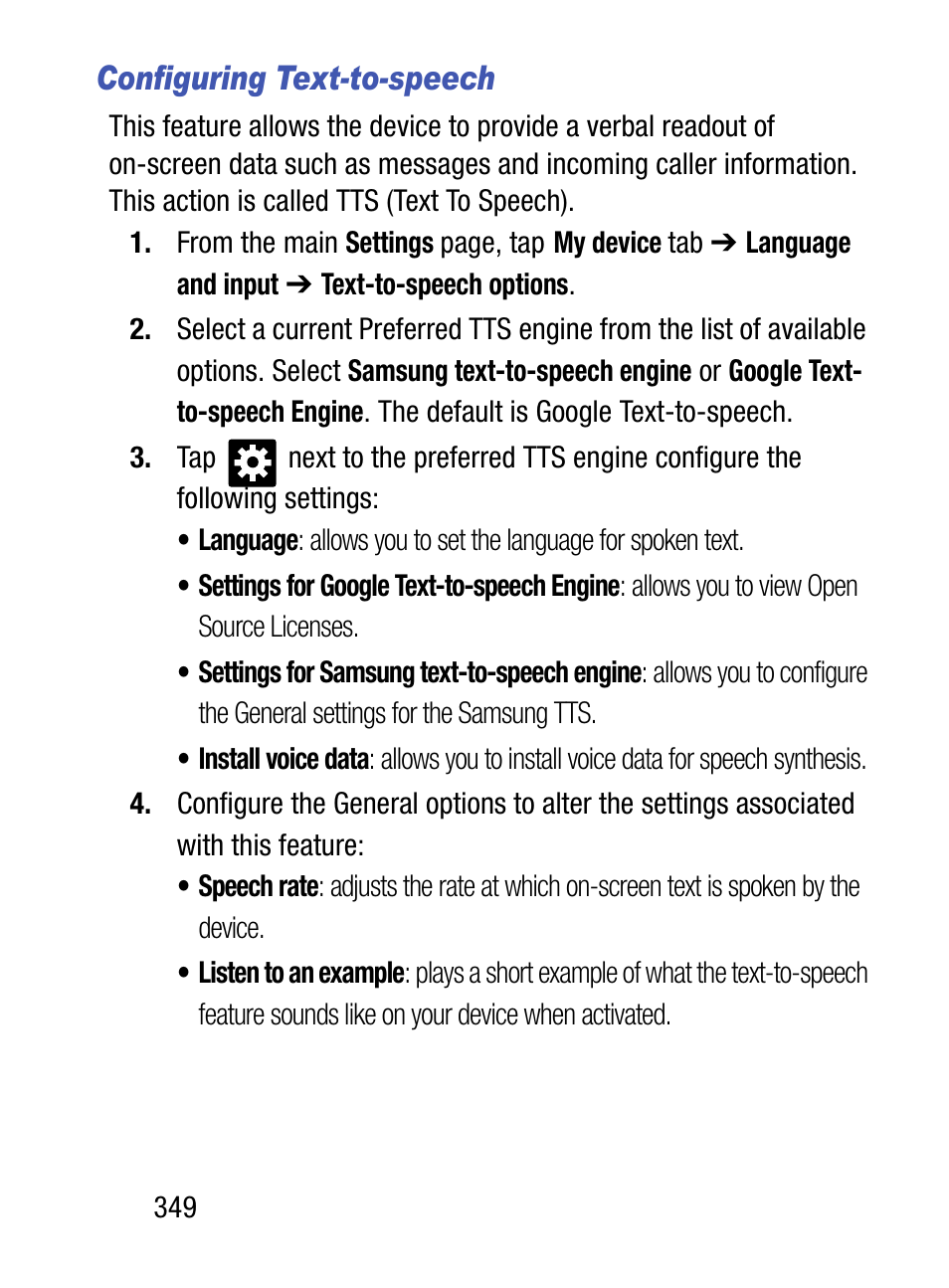 Configuring text-to-speech | Samsung SM-S890LZKATFN User Manual | Page 356 / 459