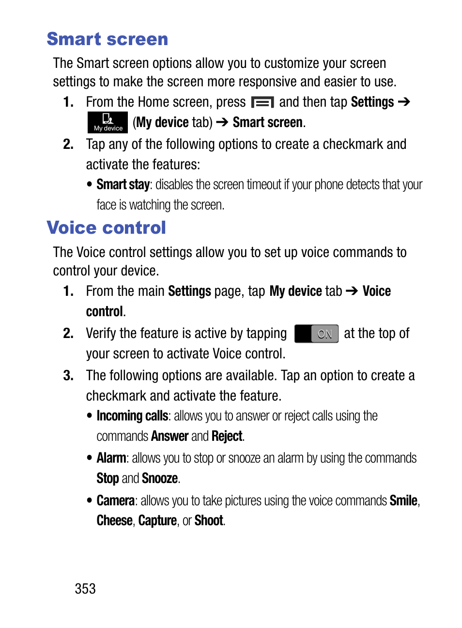 Smart screen, Voice control, Smart screen voice control | Samsung SM-S890LZKATFN User Manual | Page 360 / 459