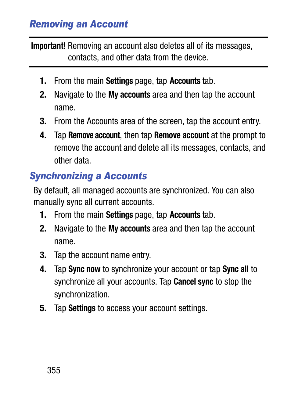 Removing an account, Synchronizing a accounts | Samsung SM-S890LZKATFN User Manual | Page 362 / 459