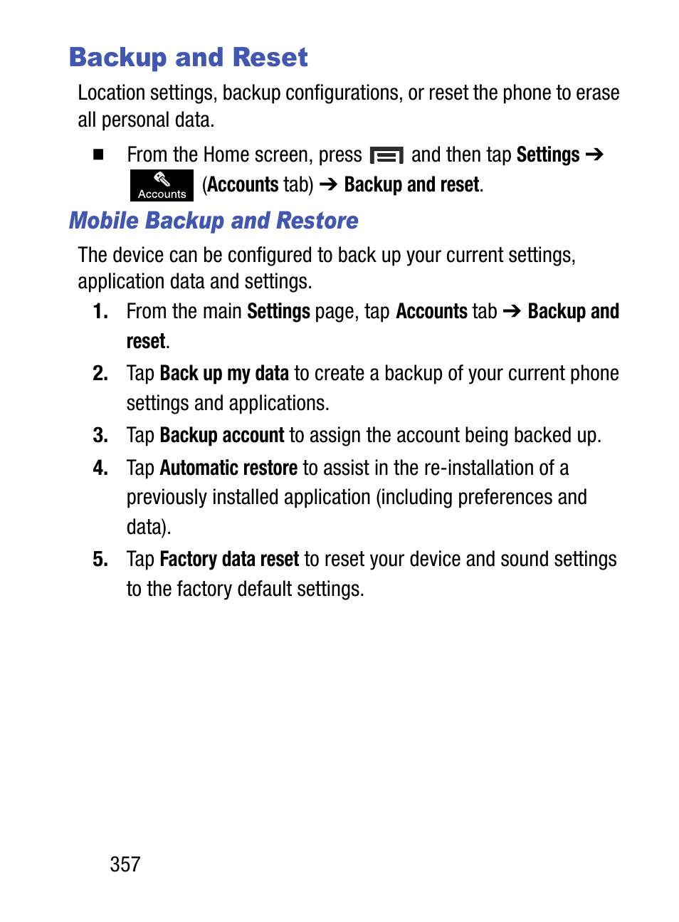 Backup and reset | Samsung SM-S890LZKATFN User Manual | Page 364 / 459