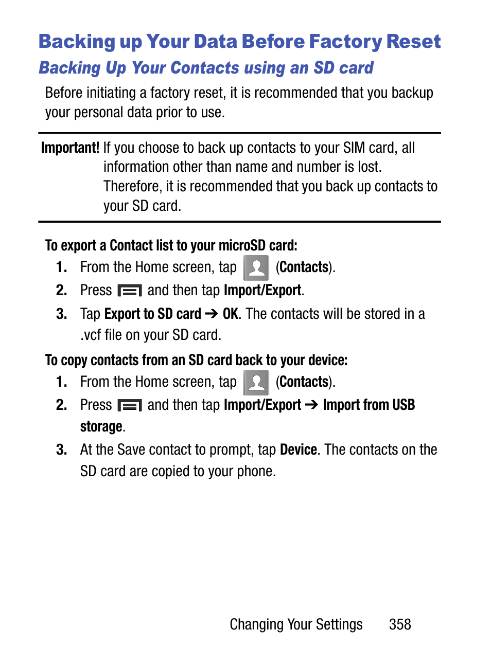 Backing up your data before factory reset, Backing up your contacts using an sd card | Samsung SM-S890LZKATFN User Manual | Page 365 / 459