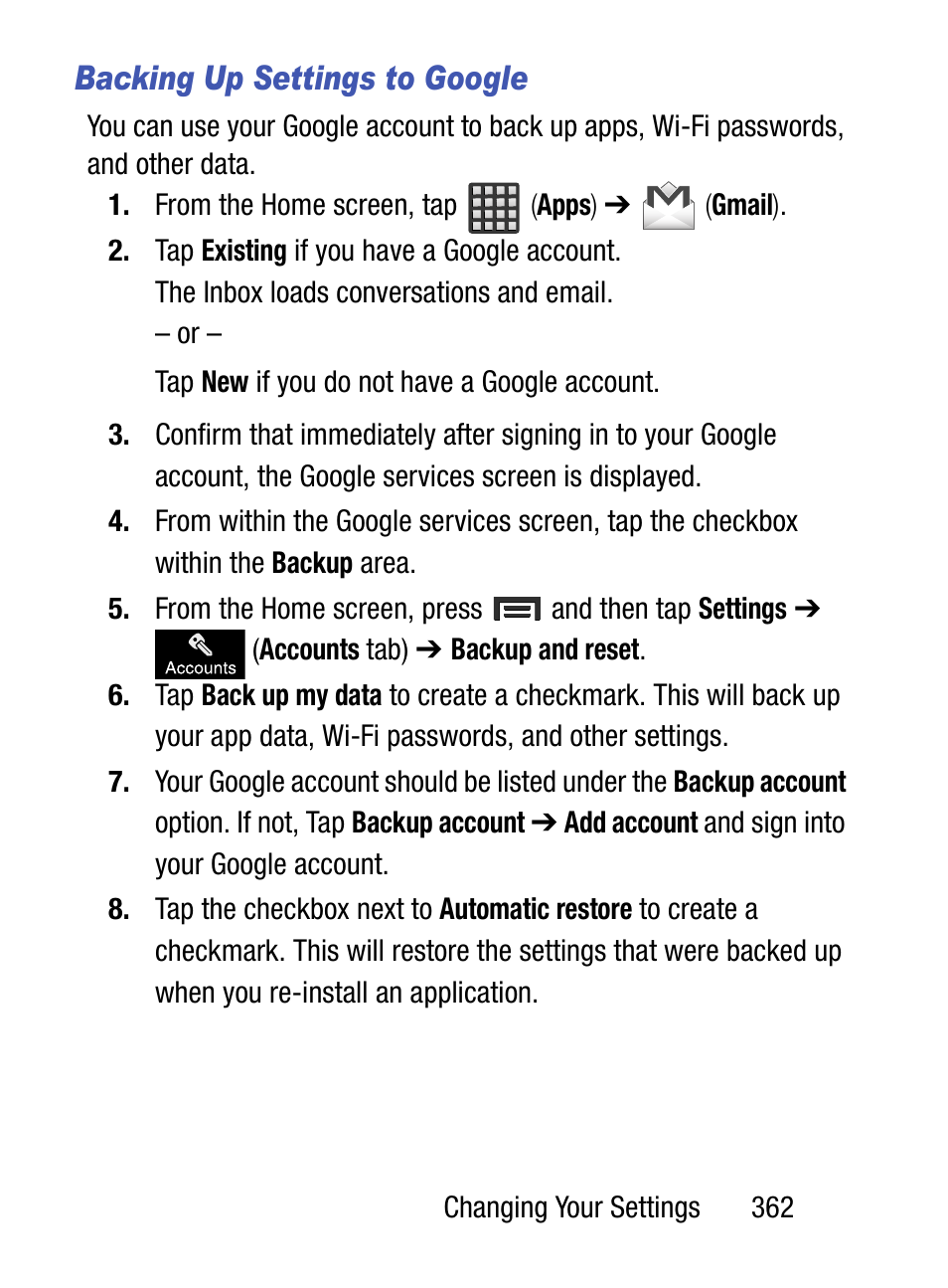 Backing up settings to google | Samsung SM-S890LZKATFN User Manual | Page 369 / 459