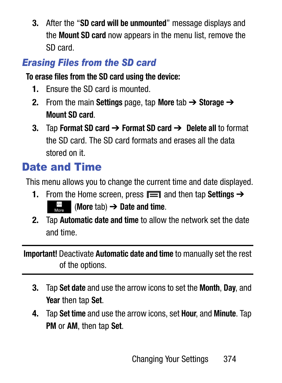 Date and time, Erasing files from the sd card | Samsung SM-S890LZKATFN User Manual | Page 381 / 459