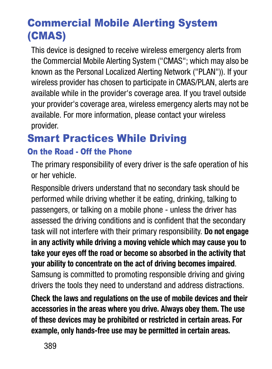 Commercial mobile alerting system (cmas), Smart practices while driving | Samsung SM-S890LZKATFN User Manual | Page 396 / 459