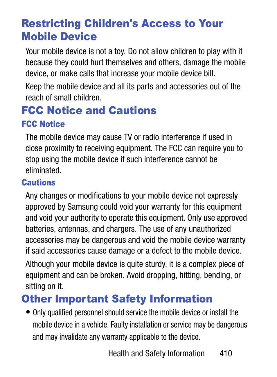 Fcc notice and cautions, Other important safety information | Samsung SM-S890LZKATFN User Manual | Page 417 / 459