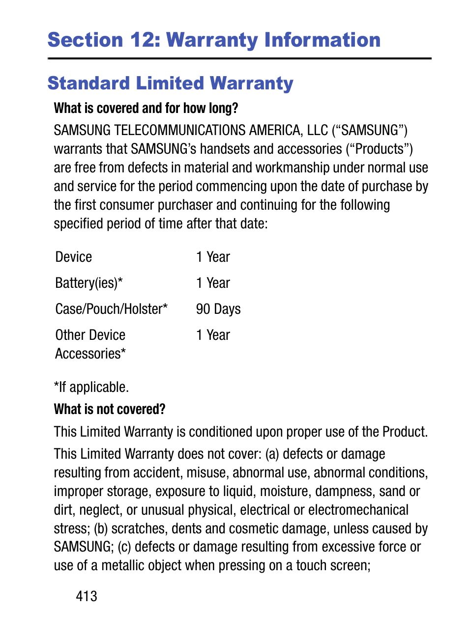 Section 12: warranty information, Standard limited warranty | Samsung SM-S890LZKATFN User Manual | Page 420 / 459