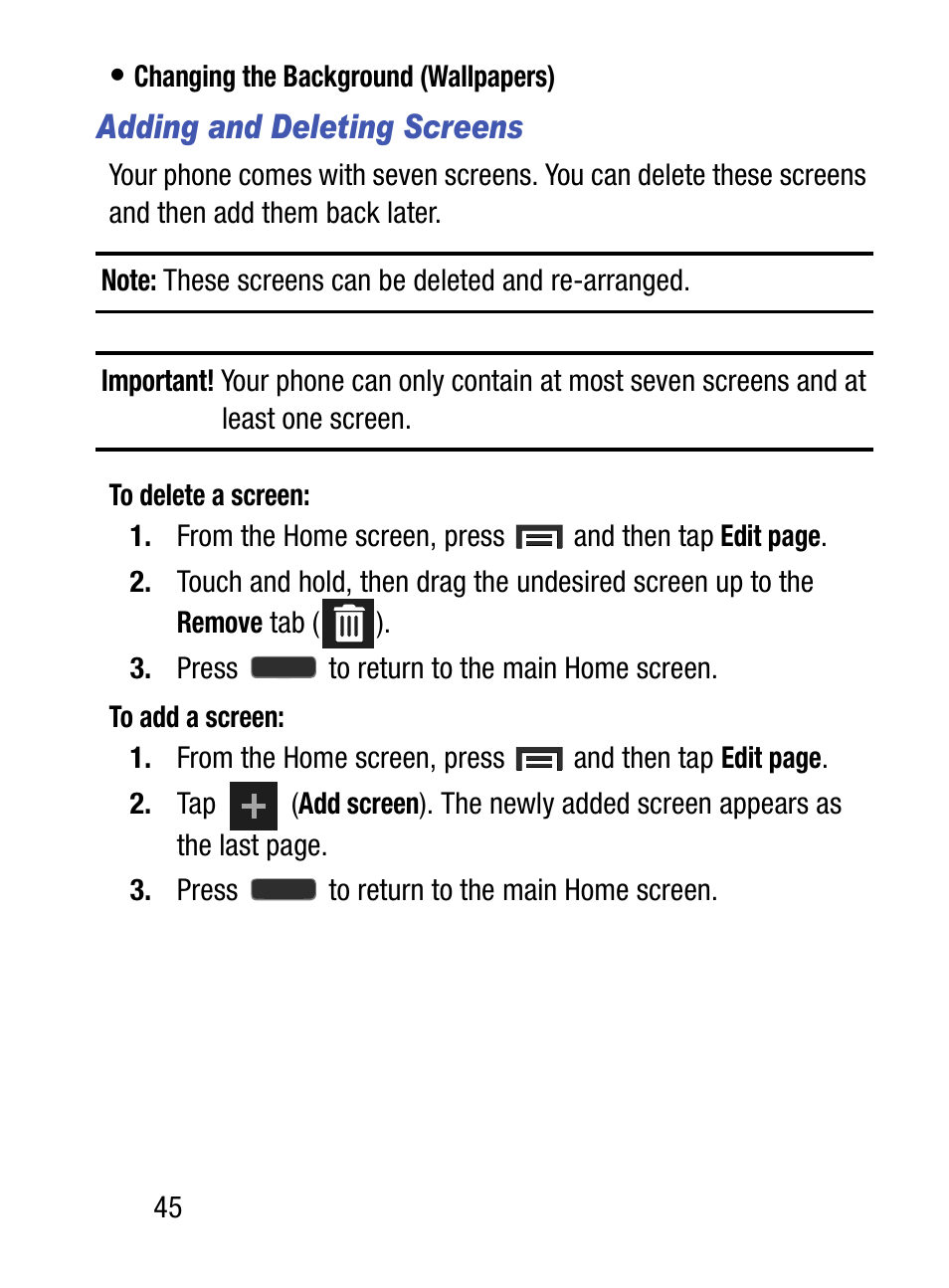 Adding and deleting screens | Samsung SM-S890LZKATFN User Manual | Page 52 / 459