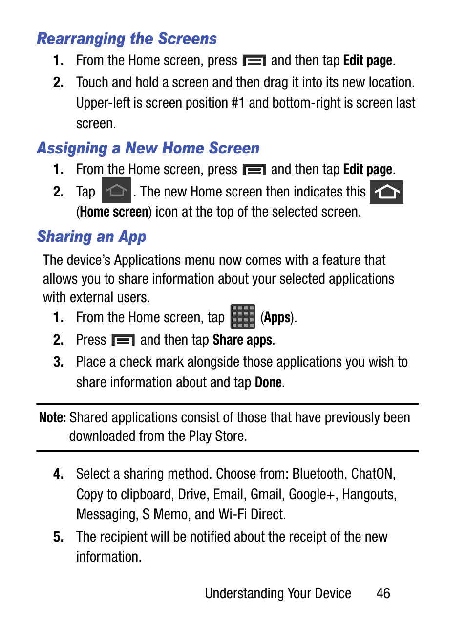 Rearranging the screens, Assigning a new home screen, Sharing an app | Samsung SM-S890LZKATFN User Manual | Page 53 / 459