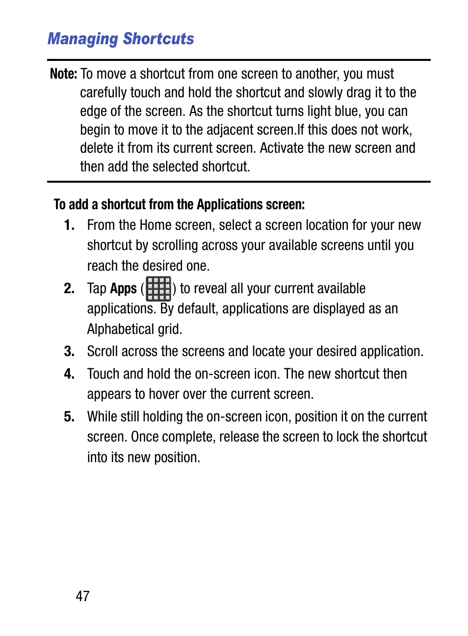 Managing shortcuts | Samsung SM-S890LZKATFN User Manual | Page 54 / 459