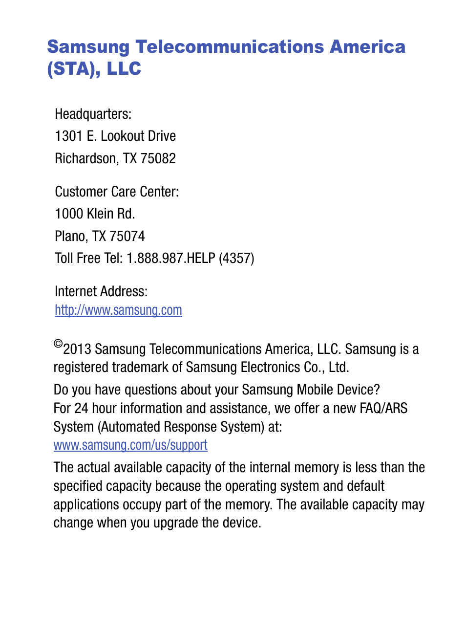 Samsung telecommunications america (sta), llc | Samsung SM-S890LZKATFN User Manual | Page 6 / 459