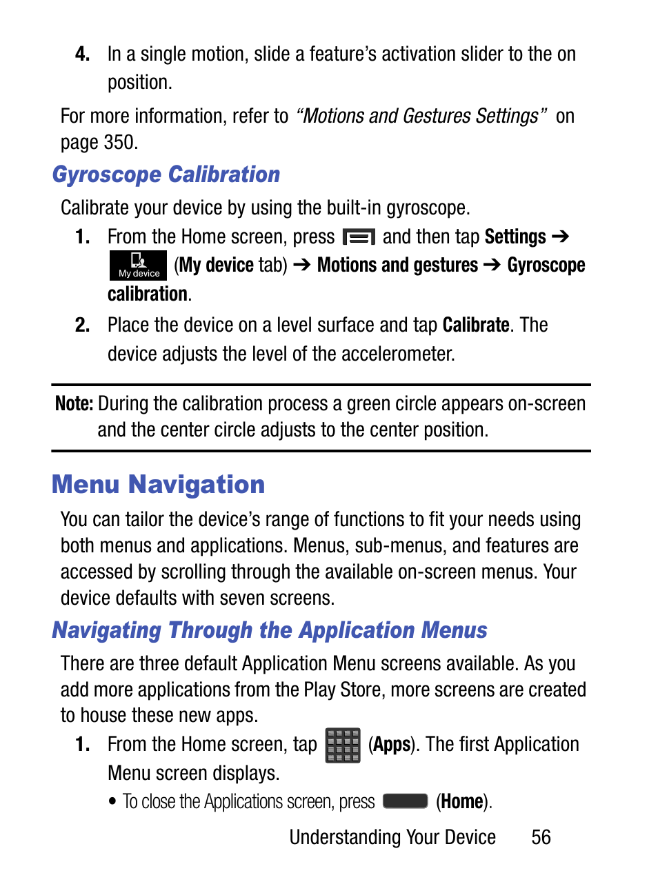 Menu navigation, Gyroscope calibration, Navigating through the application menus | Samsung SM-S890LZKATFN User Manual | Page 63 / 459