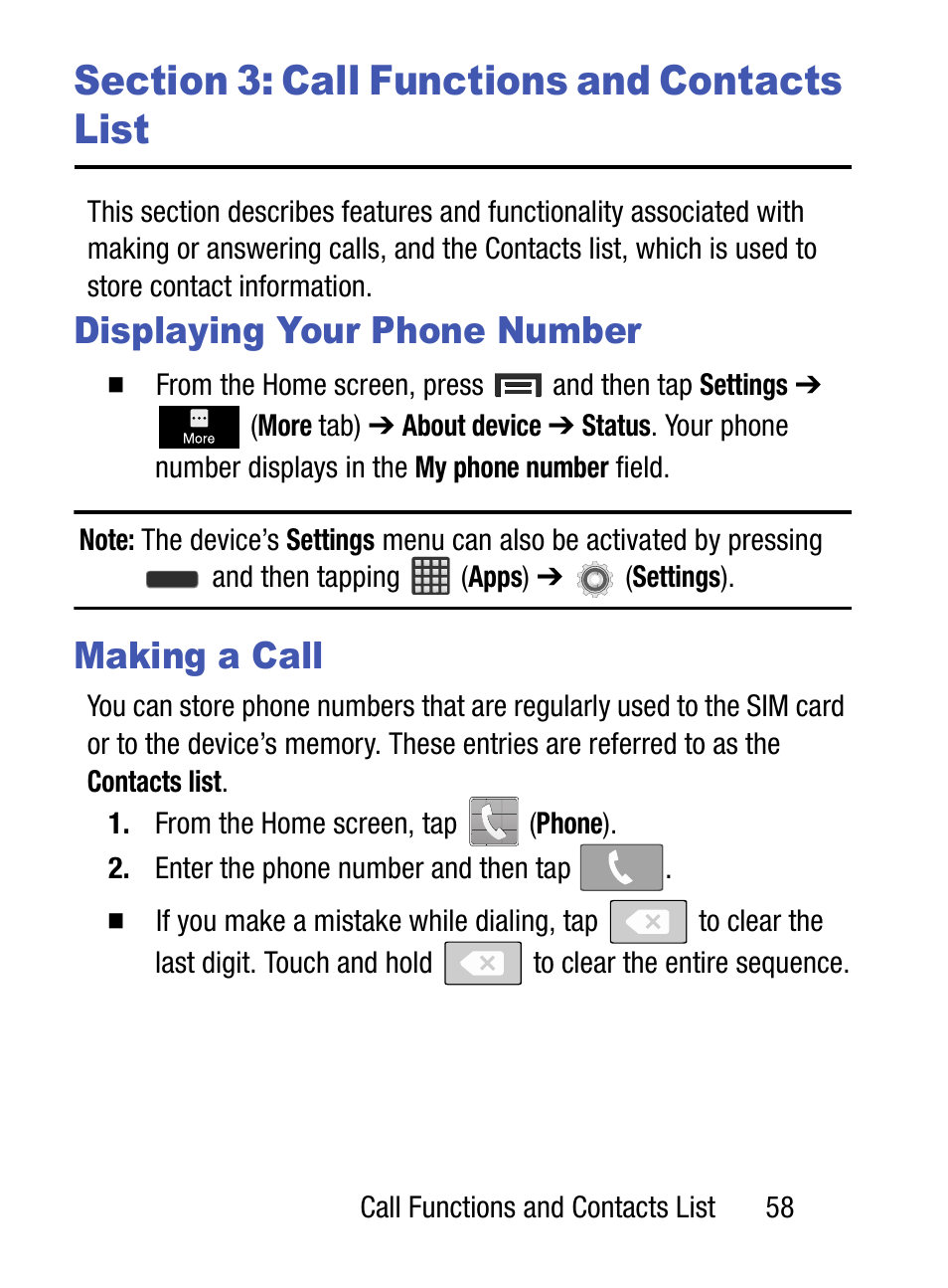 Section 3: call functions and contacts list, Displaying your phone number, Making a call | Displaying your phone number making a call | Samsung SM-S890LZKATFN User Manual | Page 65 / 459