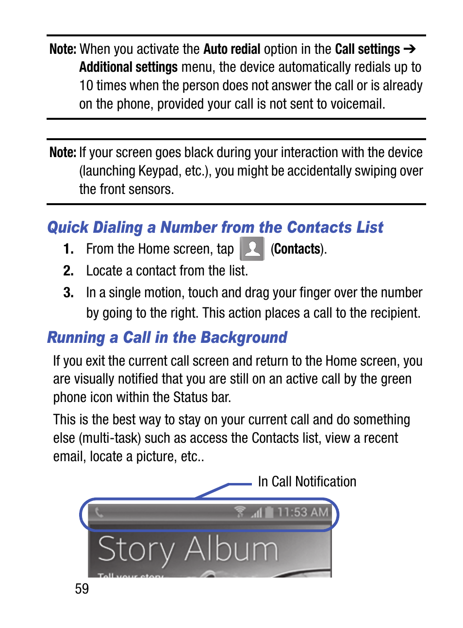 Quick dialing a number from the contacts list, Running a call in the background | Samsung SM-S890LZKATFN User Manual | Page 66 / 459