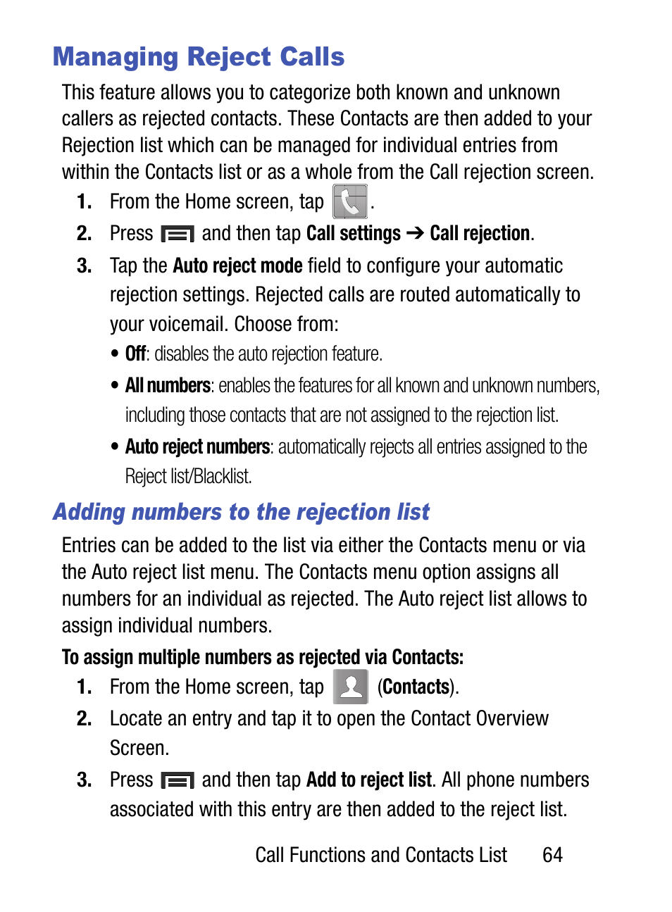 Managing reject calls, Adding numbers to the rejection list | Samsung SM-S890LZKATFN User Manual | Page 71 / 459