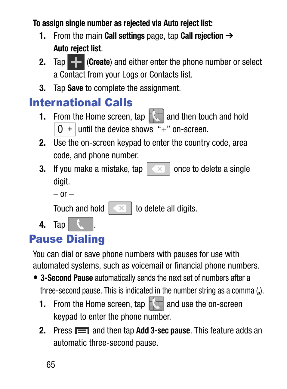 International calls, Pause dialing, International calls pause dialing | Samsung SM-S890LZKATFN User Manual | Page 72 / 459