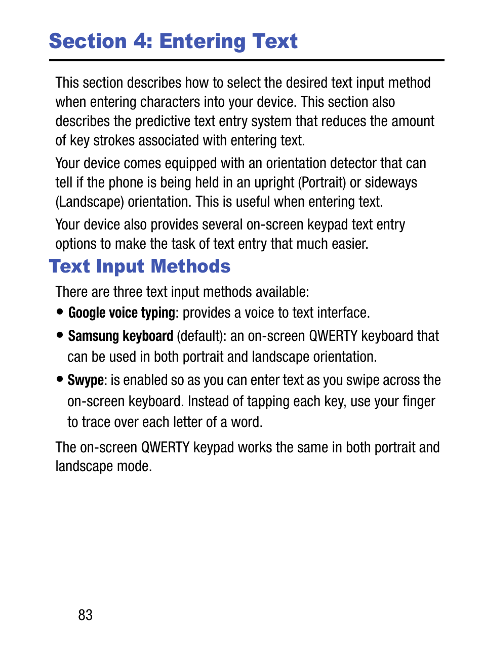 Section 4: entering text, Text input methods | Samsung SM-S890LZKATFN User Manual | Page 90 / 459