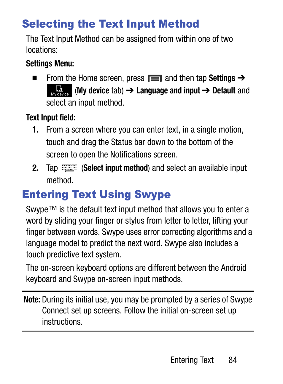 Selecting the text input method, Entering text using swype | Samsung SM-S890LZKATFN User Manual | Page 91 / 459