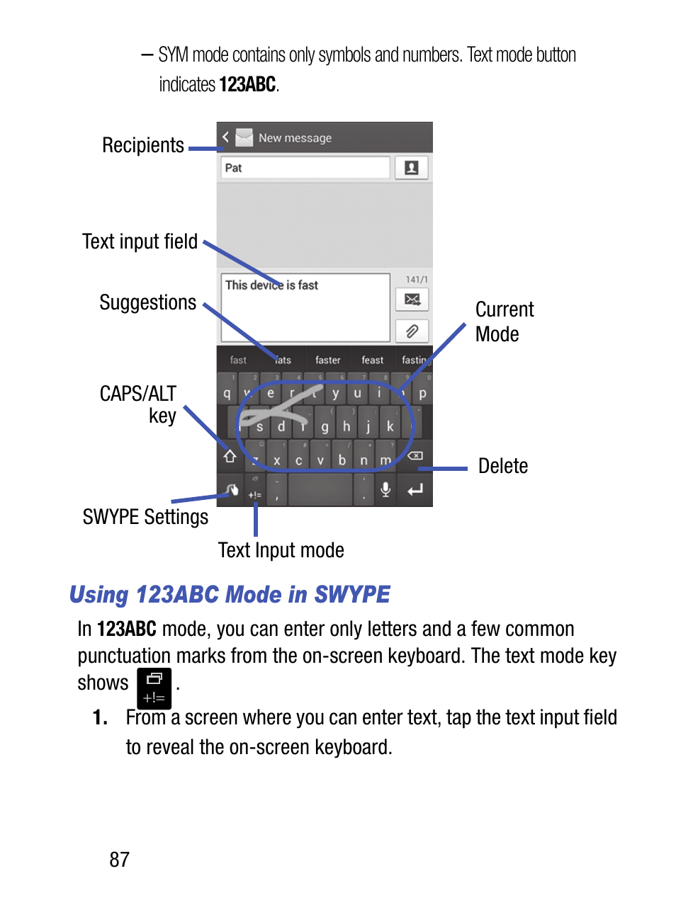 Using 123abc mode in swype | Samsung SM-S890LZKATFN User Manual | Page 94 / 459