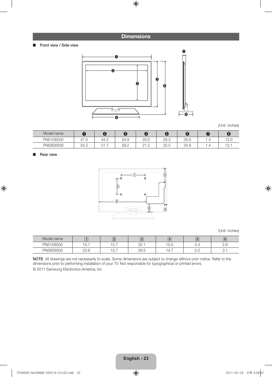 Dimensions | Samsung PN64D550C1FXZA User Manual | Page 23 / 67