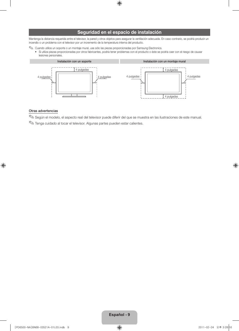 Seguridad en el espacio de instalación | Samsung PN64D550C1FXZA User Manual | Page 31 / 67