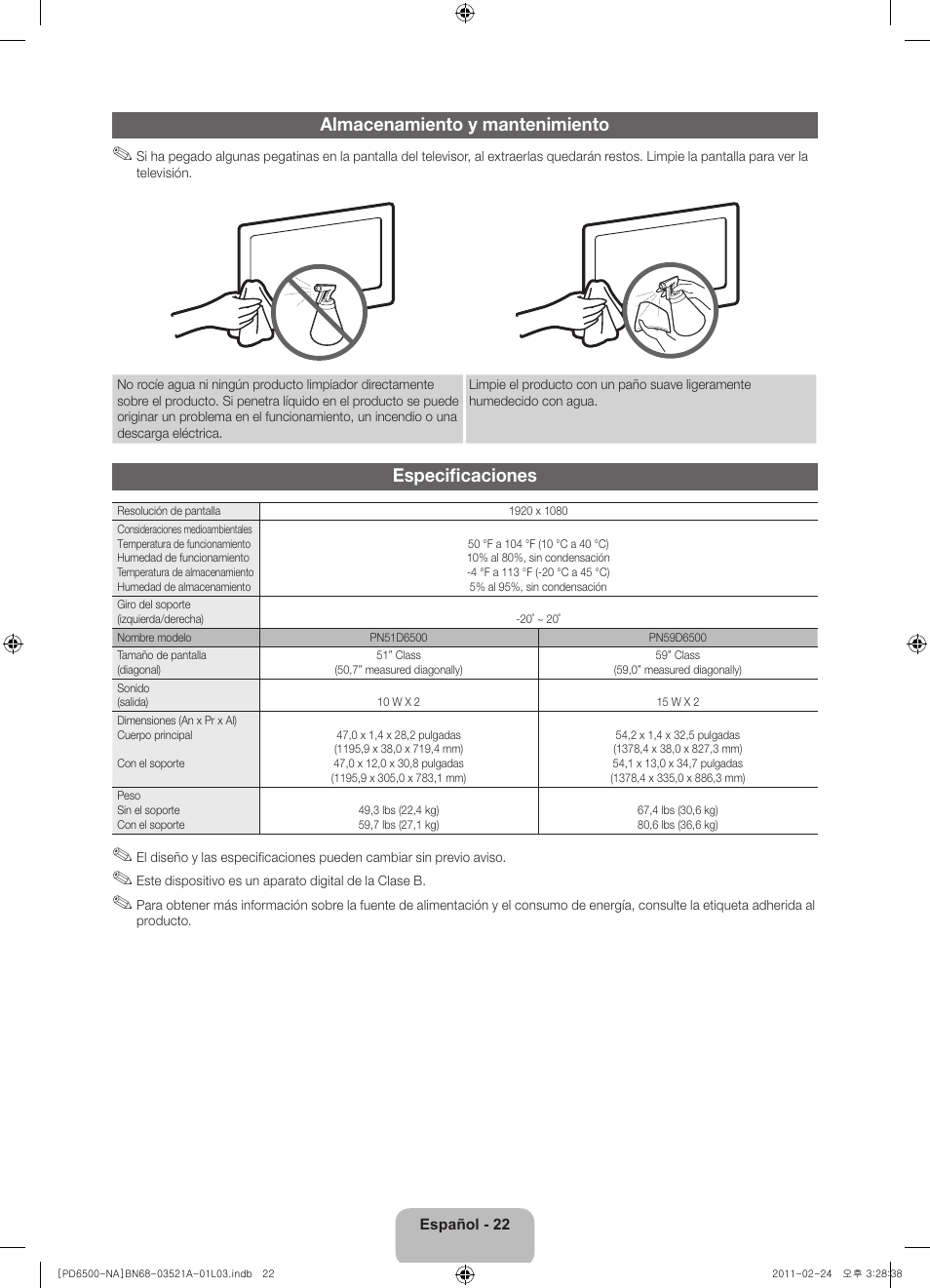 Almacenamiento y mantenimiento, Especificaciones | Samsung PN64D550C1FXZA User Manual | Page 44 / 67